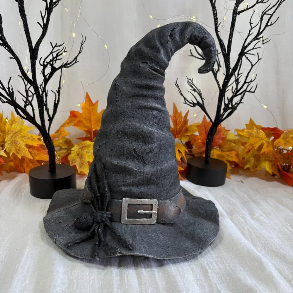 Witch Hat Halloween Prop Decor Gray Stitches Spider Centerpiece Resin Large 14